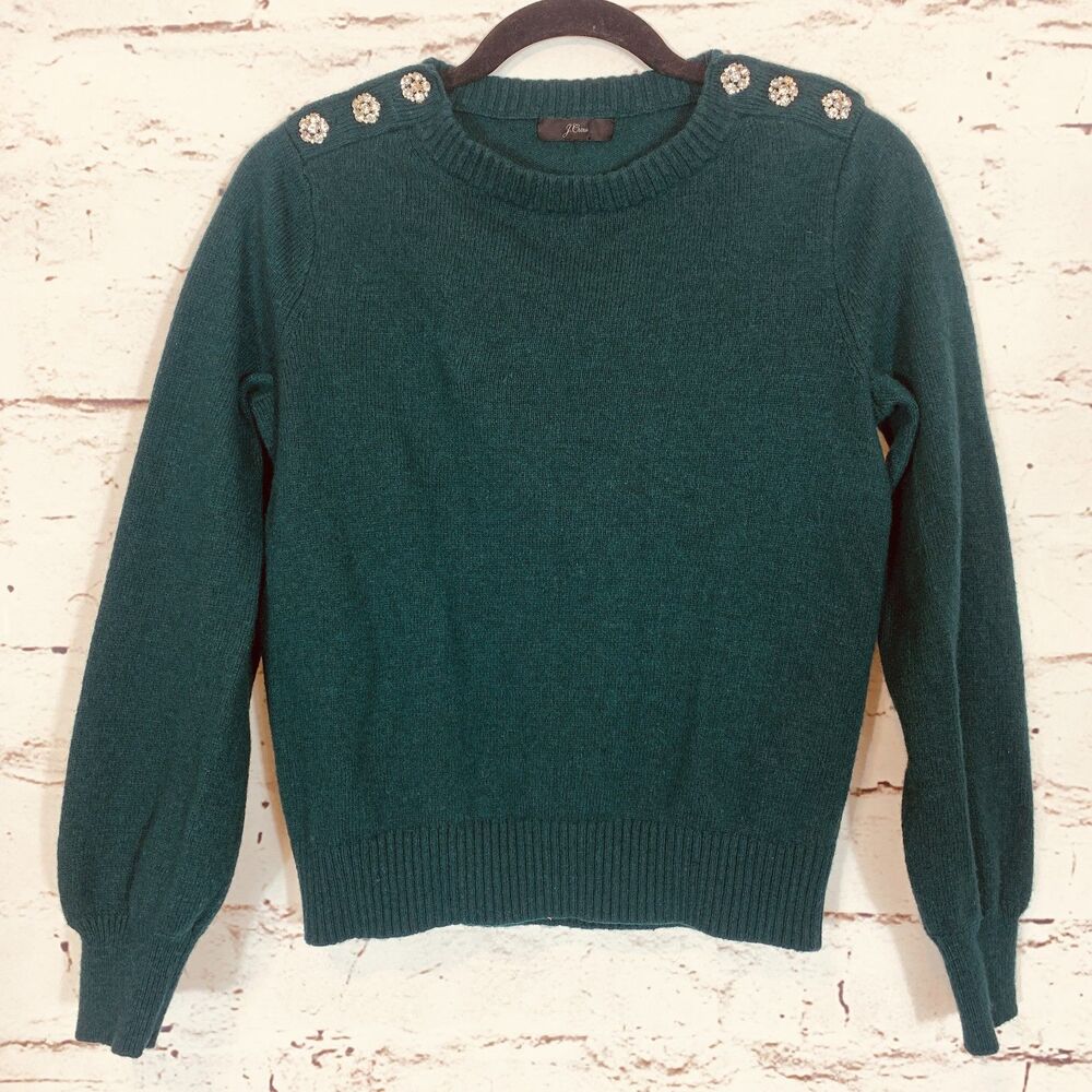 J. Crew Lambs Wool Blend Jewel Shoulder Sweater Emerald Green Womenโs Small